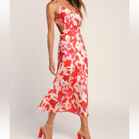 Lulus Pink & Red Floral Satin Midi Dress size Medium - Picture 6 of 12